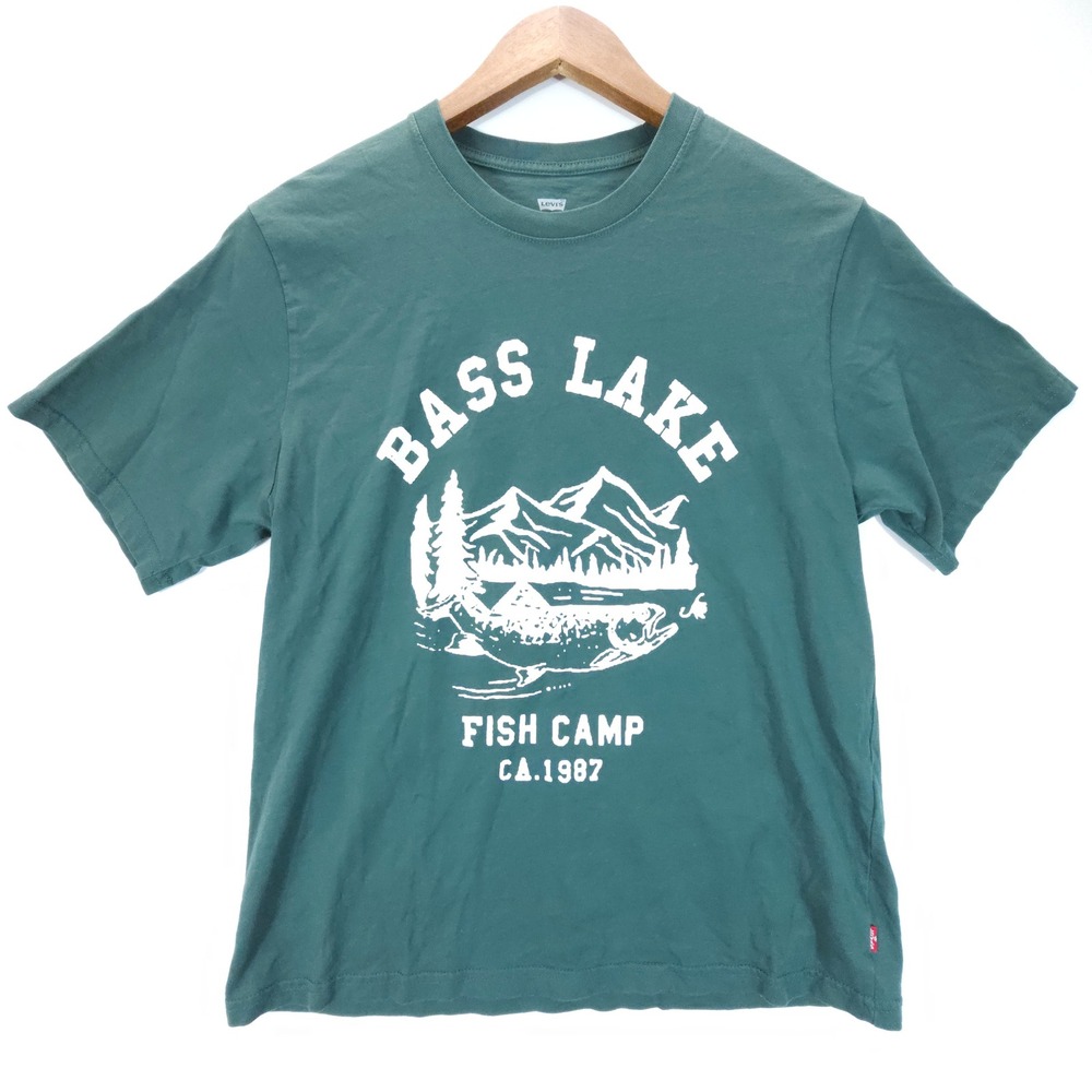 Vintage Levis Shirt Mens Small Green Bass Lake Fish Camp Graphic Tee Streetwear